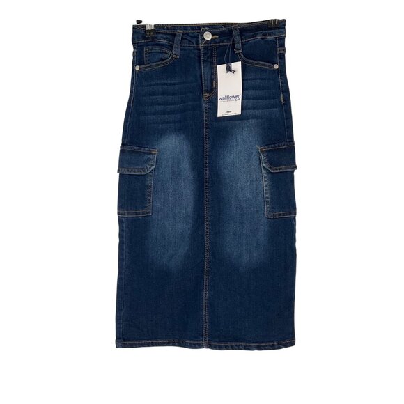 Wallflower Girl Blue Denim Cargo Midi Skirt Size 8 Pockets Cotton adjustable - Picture 1 of 5